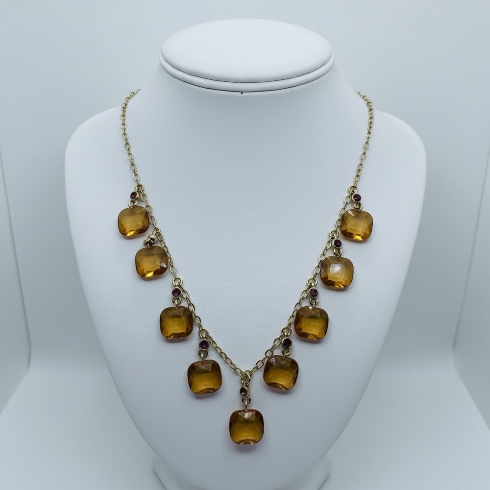 Faceted amber-colored pendant charm bib necklace purple rhinestones fall